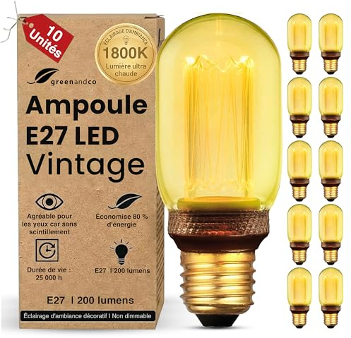 greenandco 10x Decorative LED Vintage Light Bulb | E27 T45 | Amber | 4W 200lm | 1800K Extra Warm White | 320° | 230V | Flicker Free | Not Dimmable
