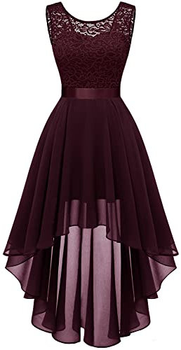 Berylove Damen Abschlusskleid Kleid A Linie Sommer Spitzenkleid Elegant Vokuhila Cocktailkleid Ärmellos Abendkleid Brautkleid Brautjungfer Kleid BLP7035 Burgundy S