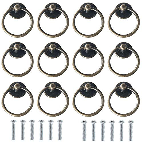 Kyrio 12PCS Vintage Drop Ring Knöpfe Metallgriffe Griff runder antiker Schrankknopf für Türschrank Kommode Schubladenschrank mit Schrauben, Braun