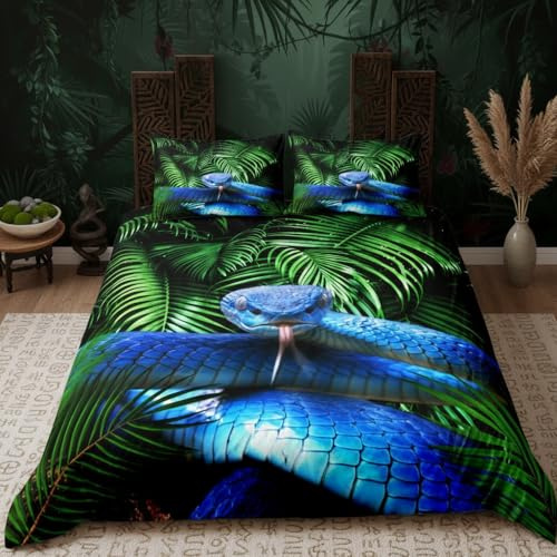 Blaue Schlange Bettwäsche-Set Grüne Palmblätter natürlich botanisch Bettwäsche Set 155x220cm Furchterregendes Tier Betten Set für Kinder Jungen Mädchen Teenager 2St.Reißverschluss Mikrofaser