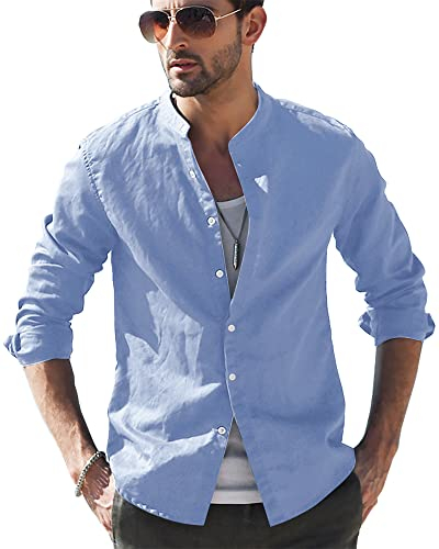 LVCBL Einfarbig Freizeithemden Herren Normal Geschnittenes Stehkragenhemd Freizeithemd Himmelblau XL
