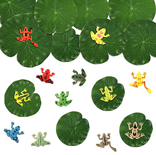 OOTSR 24 Pack Mini Realistic Frog Toys Age 3+ and Artificial Lily Pads, Includes 12 Pack Plastic Frog Figures Toys with 12 Pack Floating Foam Lotus Leaves for Kids Playing Party Favor Pool Decor