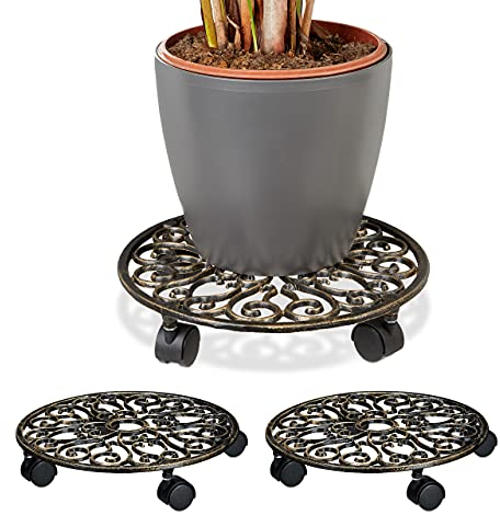 Relaxdays Porte-Plantes à roulettes, Lot de 3, Fonte, Support Pot de Fleurs, 4 Roues, D: 33,5 cm, Rond, Design antiquités, Bronze