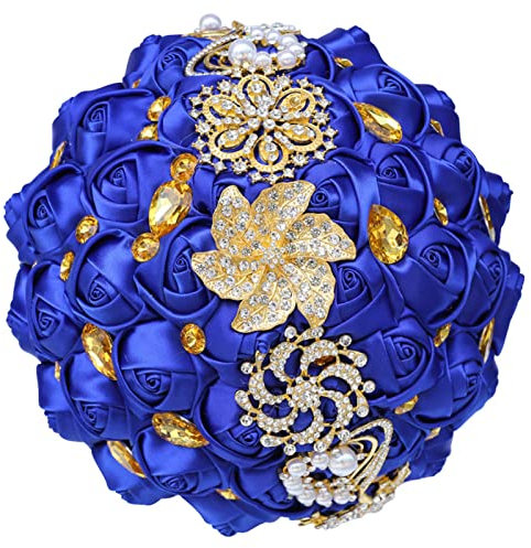 XINNI Bouquet da sposa in raso con strass dorati, per sposa, damigella d'onore, rosa, decorazione per matrimoni, colore: blu reale