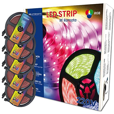 LED ATOMANT Pack 5x Rollo de 5 metros de Tira de Luz RGB LED Directa a 220v, 12W/m, Colores (RGB), Impermeable (IP65), Corte cada 12,5cm