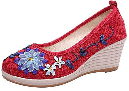 INLLADDY Sandaletten Damen Geschlossener Zeh Keilsandalen Stickerei Blume Damen Pumps Eleganter Sommer Gemütlich Hochzeitsfeier Schuh Rot EU Größe 38