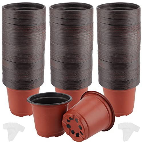 SINJEUN 200 Pack 10cm Plastic Plant Flower Pots, Flexible Small Nursery Pots with Plant Tags, Seedling Nursery Pots Seed Starting Pots Flower Plant Container for Succulent Plants Small Potted Plants