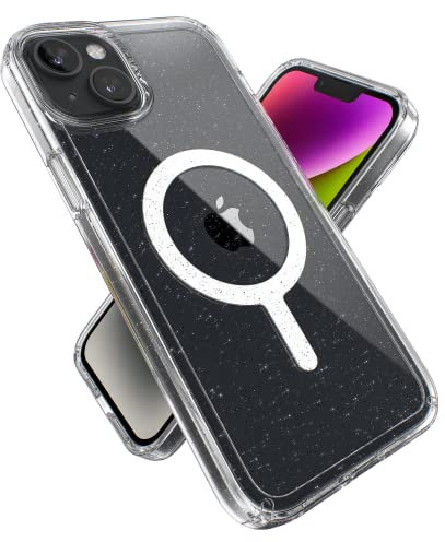 Speck Products Gemshell Glitter iPhone 14 Plus Case, Compatible with MagSafe, Clear/Clear W/Platinum Glitter