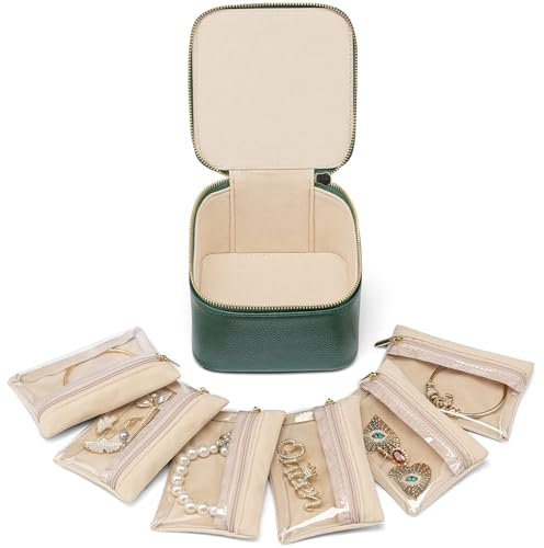 Vlando Reise-Schmuck-Organizer, Lehrer-Wertschätzungsgeschenke, Schmuckschatulle mit 6 Samtbeuteln mit Reißverschluss für Frauen, Hochzeit, Geburtstag, Geschenk-Box, Verpackung, Grün