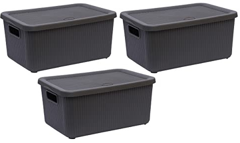 M1SS Set of 3-14L Litre Large Plastic Knitted Storage Basket with Lid, Storage Box Stackable Organiser Lidded Bin Box Large Rib Box for Nursery, Kids, Closet, and Many More (Bottle Grey)