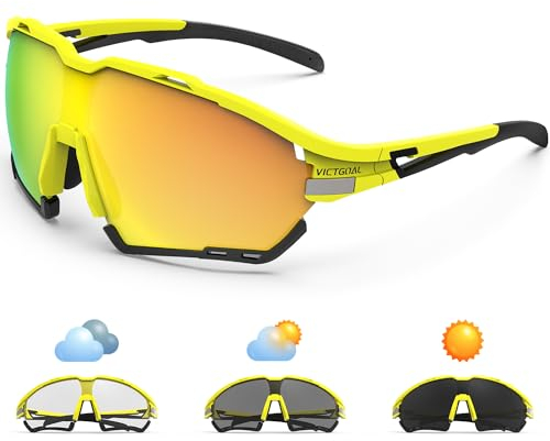 Victgoal Cycling Glasses for Men Women with Polarized and Photochromic 2 Lenses MTB Road Cycling Eyewear with TR90 Frame Sport Sunglasses for Running Driving Climbing Fishing (Yellow)