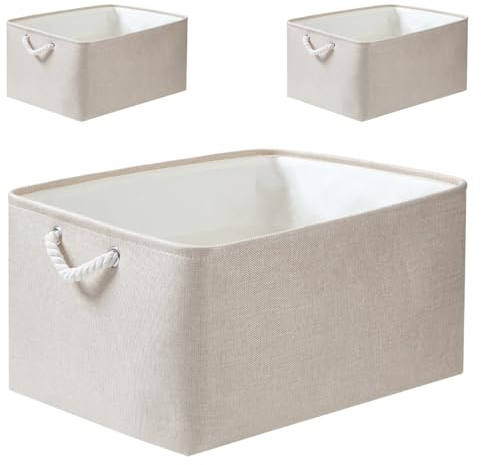 Mangata Stoff Aufbewahrungsboxen, Faltbare Aufbewahrungsbox mit Seilgriffen für Regale, Schrank, Kleiderschrank, 3er-Pack (Elfenbeinfarben, L)