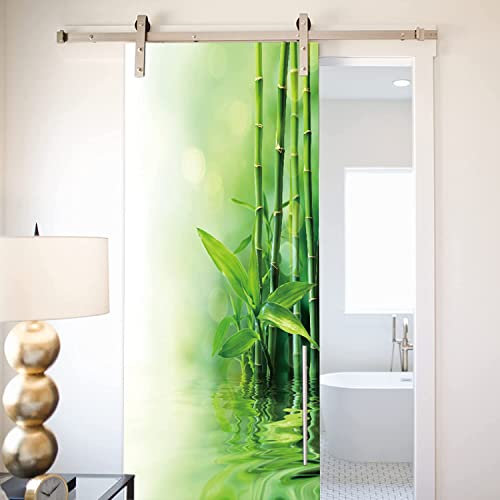 Porte 3D Murale Autocollant De Porte Poster Papier Peint Art Mural Photo Autocollant Mural Bambou Vert Plante De Lac 100 X 215 Cm / 39,37 X 84,64 Pouces Décoration De Porte Amovible En Pvc Pour Salon