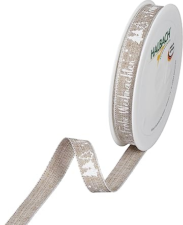 Halbach Seidenbänder Geschenkband Weihnachten Schriftzug Weihnachten | Breite 15 mm Länge 20 m | ideal geeignet für das stilvolle Verpacken von Geschenken für Weihnachten, Farbe: leinen/weiß