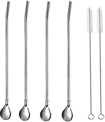 JZK Lot de 4 cuillères à paille réutilisables en acier inoxydable argenté 2 en 1 avec 2 brosses de nettoyage pour smoothies, milkshakes, café, cocktail