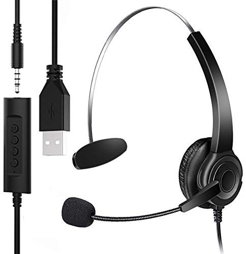 USB Headset with Microphone, 3.5mm Jack Computer Headphone 2 in 1, Computer Headset PC Headphone with Noise Cancelling Audio Controls, Multi-Use Single Ear Headset for Skype Gaming Call Center Office