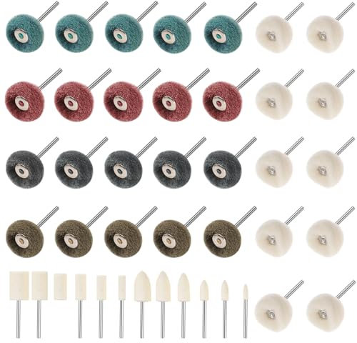 42pcs Polierscheibe Set 25mm Schleifmittel Polieraufsatz und Wollfilz Polierköpfe, Polieraufsatz für Akkuschrauber Bohrmaschine Rotationswerkzeuge, Polierset für Metall Holz Schmuck
