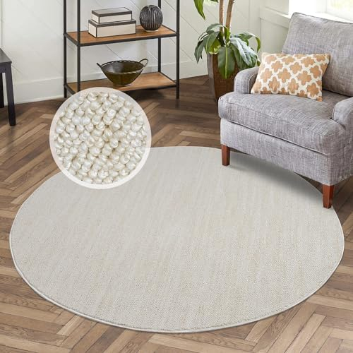 carpet city Kurzflor Teppich Wohnzimmer Creme - 160 cm Rund - Einfarbig, Meliert - Teppiche Modern, Boho für Schlafzimmer, Esszimmer