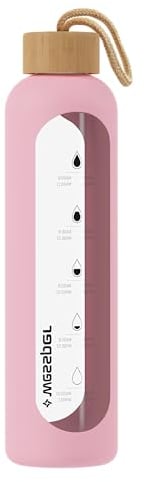 Wessper Bouteille d'eau en Verre 0.5L, Gourde Reutilisable, en Borosilicate, Avec Marqueur de Temps de Motivation, Couvercle en bambou, En silicone, pour Enfant et Adultes, Sport, Camping – Rose