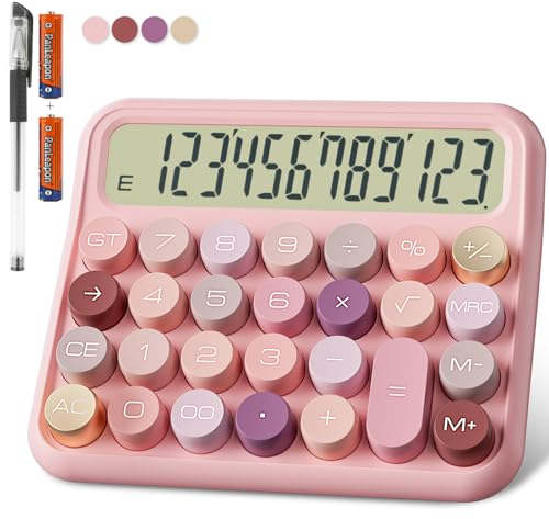 Niedlich Taschenrechner Schule, 12-stellig Extra Großes 5-Zoll-LCD-Display, Batterie Tischrechner Groß Büro Tasten Leicht zu Drücken, 15°Neigbarer Bildschirm für Taschenrechner Kinder(Rose)