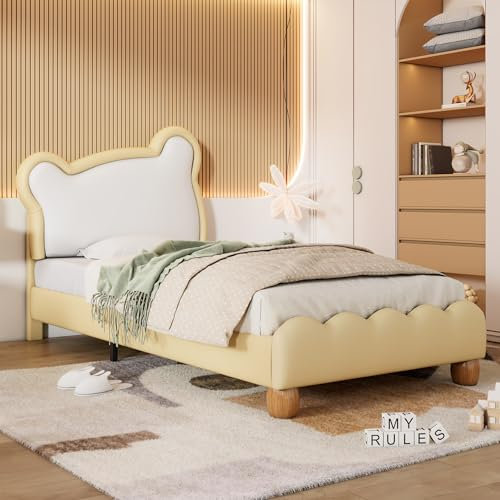 Idemon 90x200cm Einzelbett, Kinderbett, Jugendbett, Polsterbett mit kuscheligem Bärenkopfteil, Holzlattenrost, PU (Gelb)