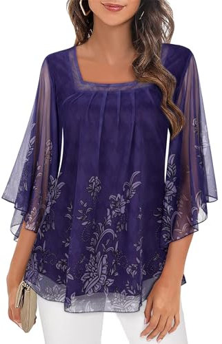 Flikity Women's Going Out Tops, Ruffle Blouses for Women UK Square Neck Tops Ladies Tops Size 20-22 Floral Blouses Business Casual Work Daily Wear Loose Tops Purple 2XL
