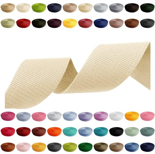 Gurtband 2m 5m 10m 50m, 50 Farben, Breite 10mm 15mm 20mm 25mm 30mm 40mm 50 mm Taschengurt Polypropylen Ideal für DIY-Projekte, Handarbeiten (031) Hellcreme, 25mm x 5m