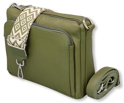 ADEL Umhängetasche Damen Echtes Leder Becky Handgemachte Crossbody Bag 5 Fächer Schultertasche mit Ledergurt + Breitem Gemustertem Riemen Verstellbarer Gurt Made in Italy (Khaki)