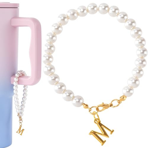 CustomyLife M Letter Charm for Stanley Cup White Pearl Chain Accessories Stanley Cup Gold Initial Charms for Handle Keychain Tumbler Modern Personalized Name ID Decoration, 5.7inch, Acrylic