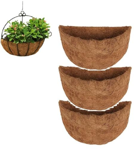 3pcs Hanging Basket Liner Natural Coconut Fiber Liners For Round Half Round And Trough Hanging Basket Flowers Vegetables Garden Porch Balcony Planter Wall Basket Liner Replacement (Semicircle,14inch)