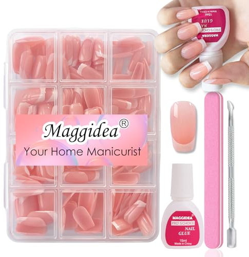Maggidea False Nails Kit, 240 Pcs French Tip Press on Nails, Fake Nails Nude Base Glossy Full Cover Glue on Nails Nail Art Manicure for Women (Medium Long Ballerina- Nude Base)