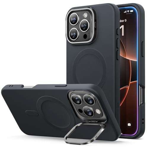 ESR for iPhone 16 Pro Max Case, Silicone Case with Stand, Compatible with MagSafe, Built-In Camera Stash Stand, Cloud Series, Black