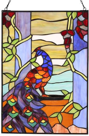 YOURANJU Pfau Buntglas-Fensterdekoration, handgefertigt, 40,6 x 27,9 cm, Tiffany-Stil, rechteckig, perfekt für Wohnzimmer, Schlafzimmer, Küche, Fensterdekoration, Aufhängung mit Kette