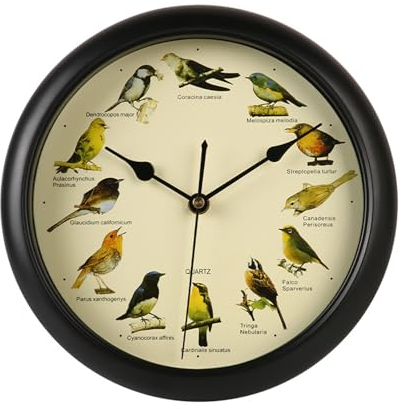 Lautlos Wanduhr, Vogelgesang-Uhr, Chic Wanduhren, mit 12 Einheimischen Singvögeln,Original-Naturaufnahmen, Heimdekoration, Dekorative Uhr,Lautlos,passend für Wohnzimmer und Schlafzimmer. (Schwarz)