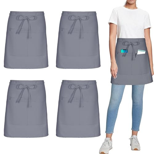 umboom 4 Piezas Delantal de Camarero Gris, Corto Cocina Delantales con 3 Bolsillos para Mujer Hombre Chef, Mandil para Restaurante Peluqueria Jardinería Cafetería Bar (Polialgodón - Gris)