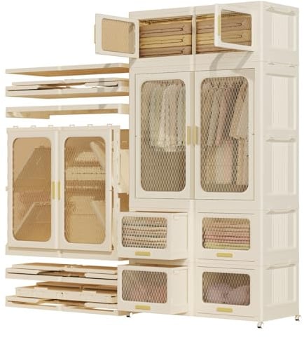 Heikoeco® Kleiderschrank Weiss, stapelbarer Garderobenschrank aus hochwertigem Kunststoff mit Schubladen, Faltbarer kleiderschrank kinderzimmer Schlafzimmer (1 Stange+ 1 Flügeltür + 4 Schublade)