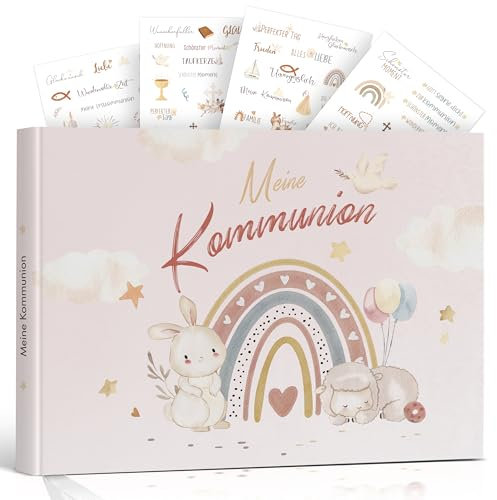 Legezon Kommunion Erinnerungsalbum Kommunion Geschenk zur Erstkommunion Junge & Mädchen Gästebuch Kommunion Inclusive Aufkleber Kommunion 72 Seiten (Niedlich Regenbogen)