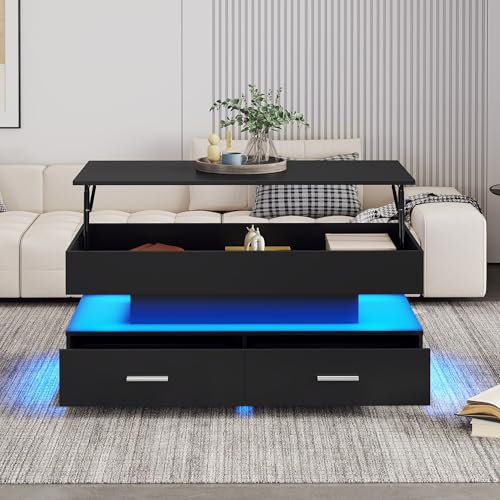 RIAZOS Hydraulic Lift Top Coffee Table, LED Coffee Tables with Storage for Living Room, Coffee Table with 2 Drawers & LED Light for Home Office Dining Reception Room (Black)