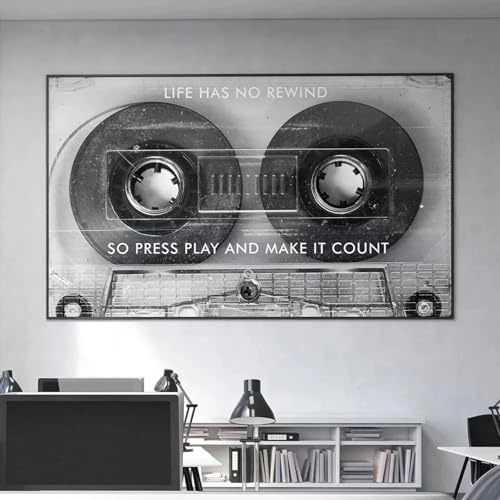 ZHAOLIN Motivierender Kassetten-Leinwanddruck mit Zitat „Life Has No Rewind“, Wandkunst, Schwarz-Weiß-Kunstbild, Heim-/Jugendzimmer-Dekoration, Poster, 80 x 120 cm, rahmenlos