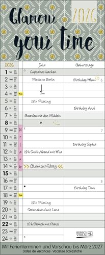 Glamour your Time - Familienplaner 2026 für 3 Personen - Korsch-Verlag - Planer mit 3 Spalten zum Eintragen - 14 cm x 34 cm