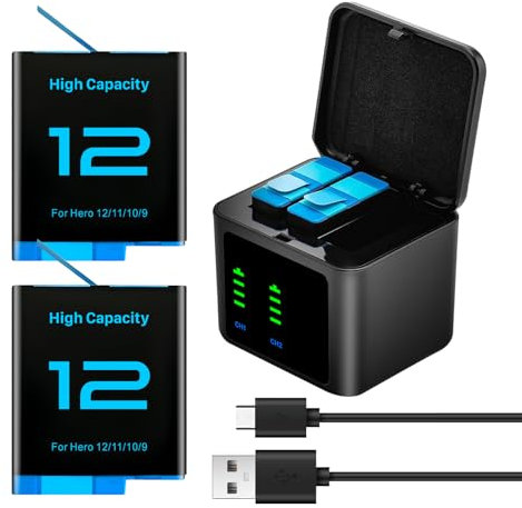 Pack of 2 Batteries 2580 mAh for Gopro Hero 12/Hero 11/Hero 10/Hero 9 with 3-Channel Type-C Battery Charging Station