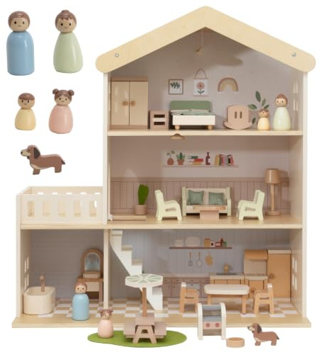 Nene Toys Puppenhaus Holz mit Möbeln, 3 Etagen, Ab 3 Jahren | 28-teiliges Puppenhaus mit Möbeln, Familie, Hund, 3 Etagen, Pastellzimmern und Rollenspiel für Kinder
