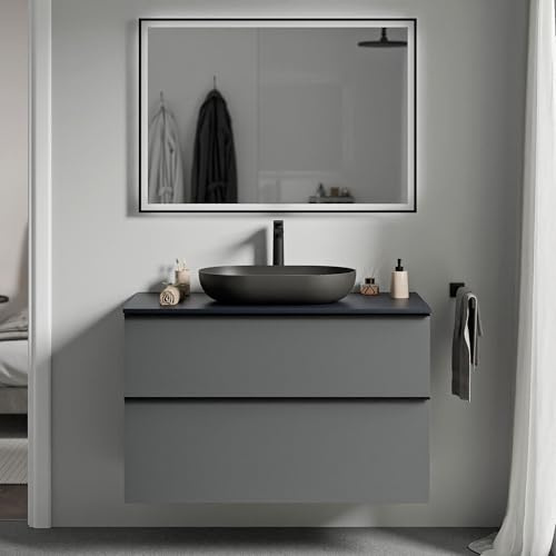 BERNSTEIN - Waschbeckenunterschrank zum Aufhängen, MDF, anthrazit, matt, Nachtblau, Griff aus verchromtem Metall, 80 x 46 x 62 cm – LAVOA