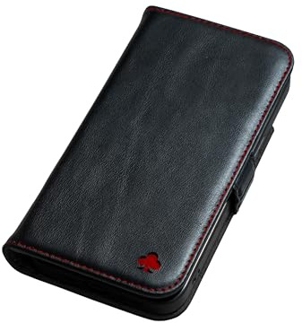 PORTER RILEY - Leather Case Compatible with iPhone 16 Pro Max. Premium Genuine Leather Stand/Cover/Wallet/Flip Case with Card Slots & Horizontal Stand (Black/Red)