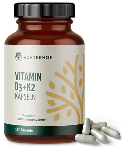 Vitamin D3+K2 Kapseln | 180 Stück | hochkonzentriert | das Sonnenvitamin in praktischer Kapselform | 6-Monats-Vorrat | Achterhof