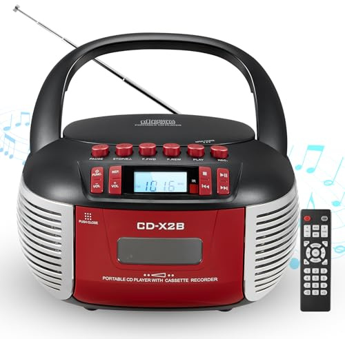 DGXWLLW CD and Cassette Player Combo Boombox with Bluetooth & FM Radio | CD/Cassette Playback, Tape Recording, AUX/USB Input, Stereo Speaker, Headphone Jack, Remote Control, DC Power or 6 C Batterie