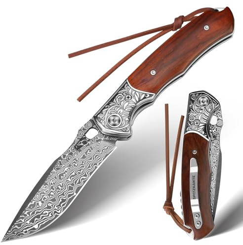 SPITZKANTE Couteau Pliant Damas et Couteau de Poche avec Liner Lock - Lame en Acier Damas, Manche en Bois - Ouverture à Deux Mains - Idéal pour Camping, Survie et Randonnée