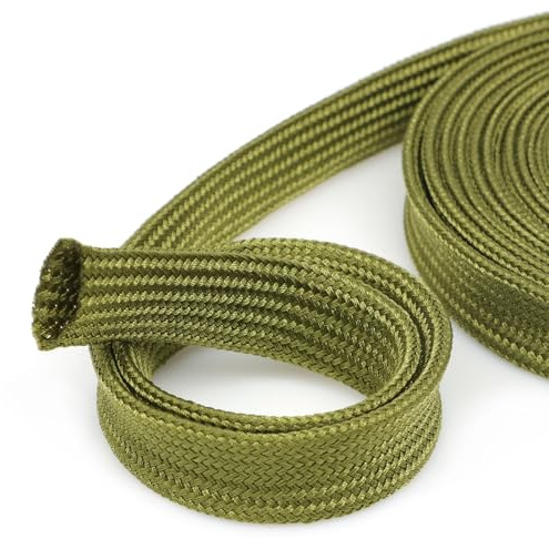 HOLED 3/8 Nylon Braided Cable Sleeve for Hydraulic Cord Tig Welding Cable Cord Audio Video Cable Management, Wire Loom Cord Wrap Wire Sleeve Protector from Cat Dog Chewing (Green, 10FT)