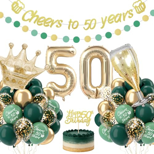 Deko 50 Geburtstag Mann Frauen Set, Grünes Gold 50. Geburtstag Deko Mann Frauen, Geburtstagsdeko 50 Jahr Deko, Dekorationen zum 50. Geburtstag Enthält Banner und Kuchentopper