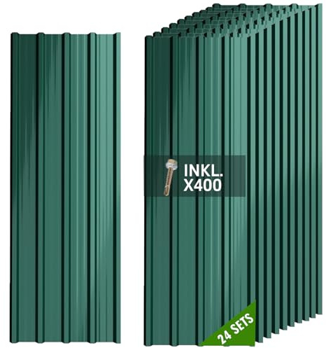 Warmfay® Profilblech Trapezblech 24er Set, 115×45 cm (12,42 m²), Wetterfest Rostresistent Verzinkte Wellblech Dachplatten mit 400 Schrauben, Grün Metall Dachblech für Carport, Garage & Gerätehaus